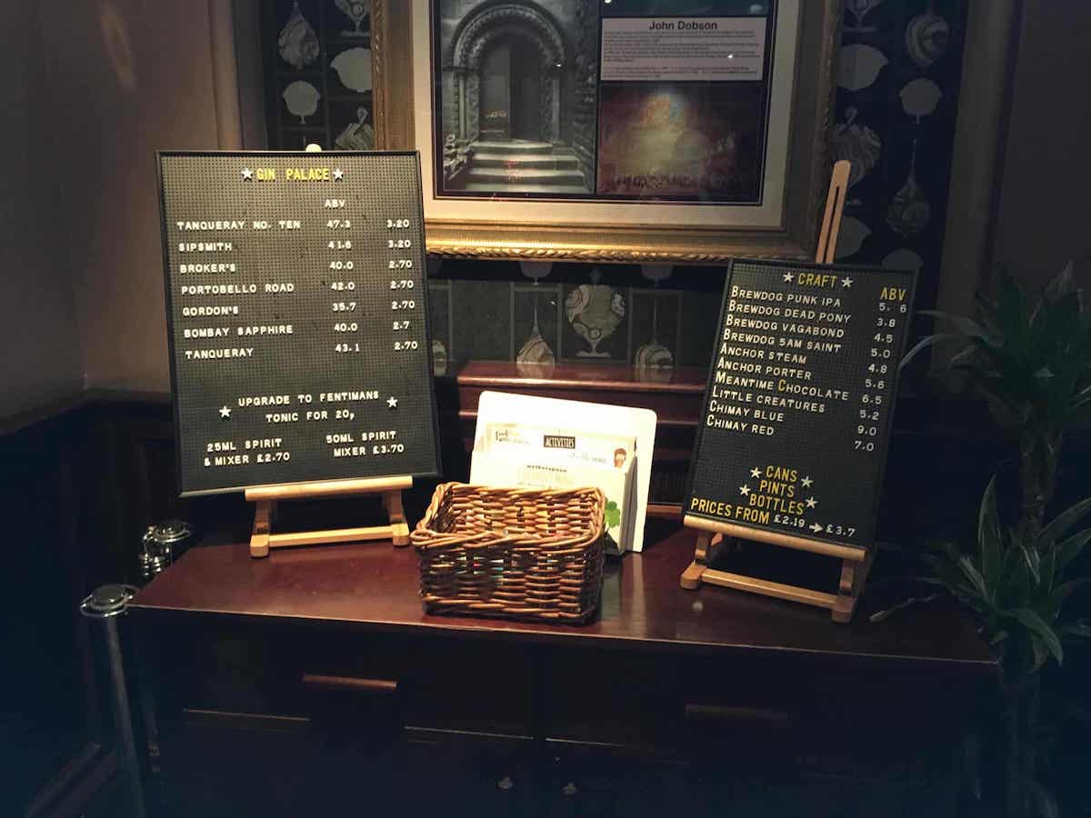 Econ Peg Boards showing the prices of different drinks in Weatherspoons