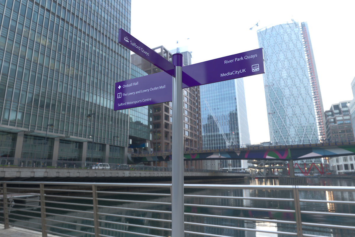 Purple fingerpost signage in central London