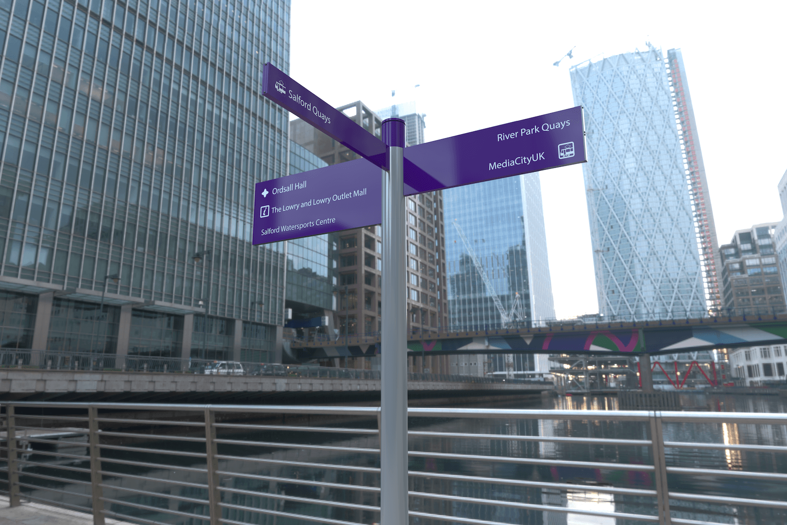 Purple fingerpost signage in central London by the Thames
